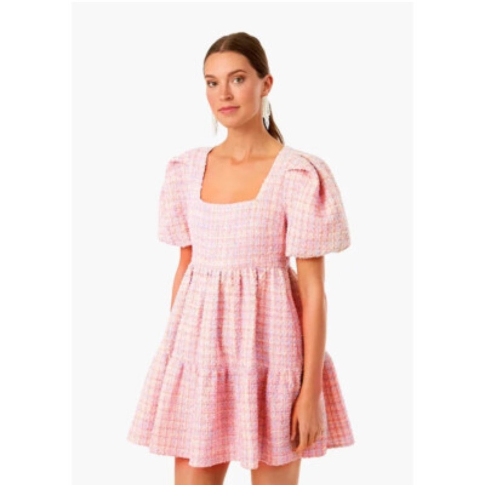 🆕 Simply Southern-Short Puffed Sleeve Tweed Dress, Pink, Size XL NWT